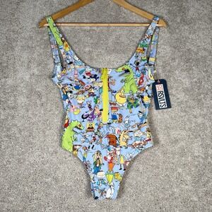 RSVLTS 90's Mash Up Nickelodeon Character One Piece Swimsuit Womens Small Zip Up